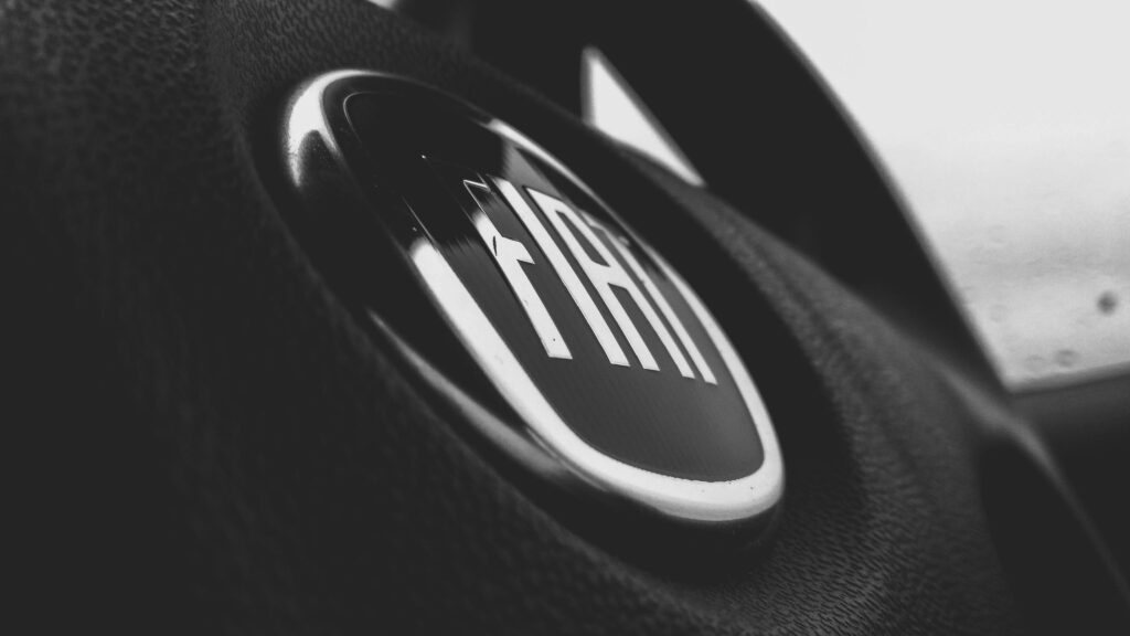 Detailed black and white image of a Fiat car emblem on a steering wheel interior.
